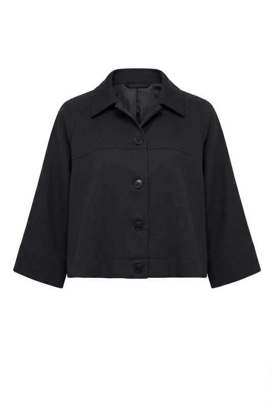 Black Lyocell Flared Jacket featuring a structured design and elegant flared silhouette in a sleek black fabric.