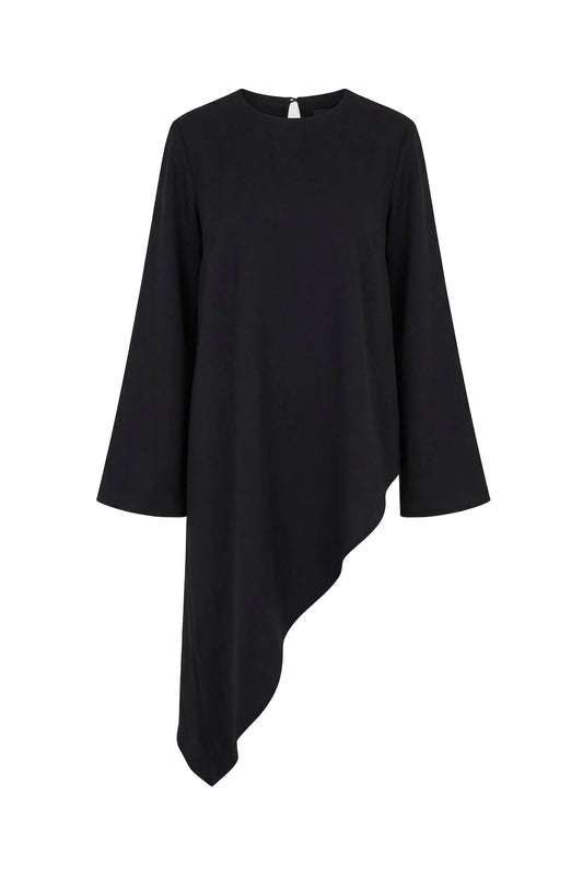 Black Lyocell Asymmetric Tunic featuring a dramatic flared shape and asymmetric hemline in black color.