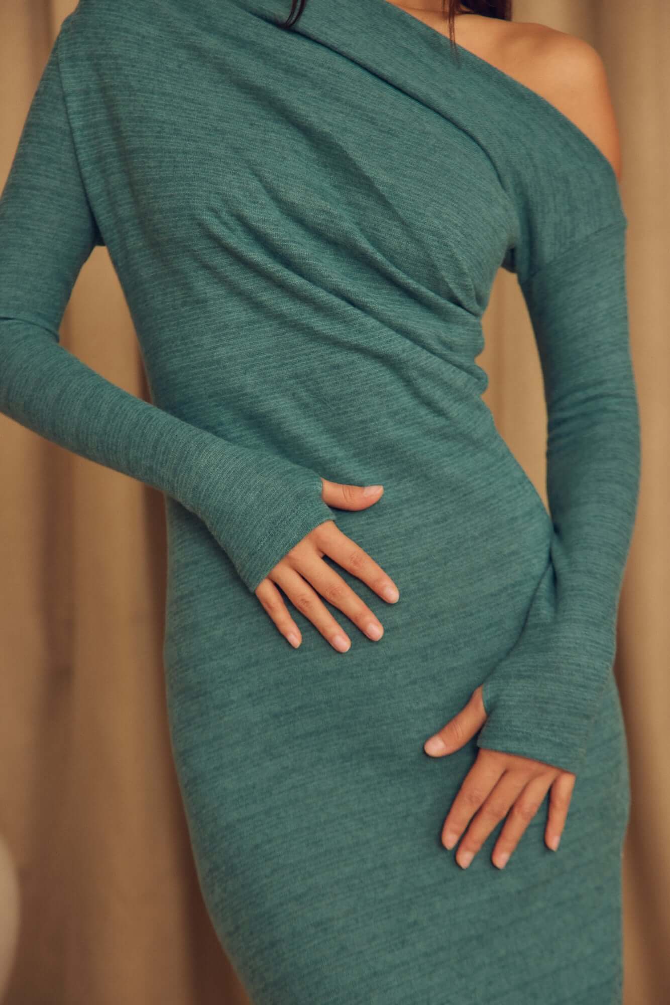 Teal Wool Drape Midi Dress featuring a stylish draped neckline and soft fantasy wool jersey fabric.