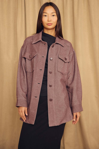 Cocoa Organic Cotton Shacket displayed by a model, showcasing its relaxed oversized fit and stylish design.