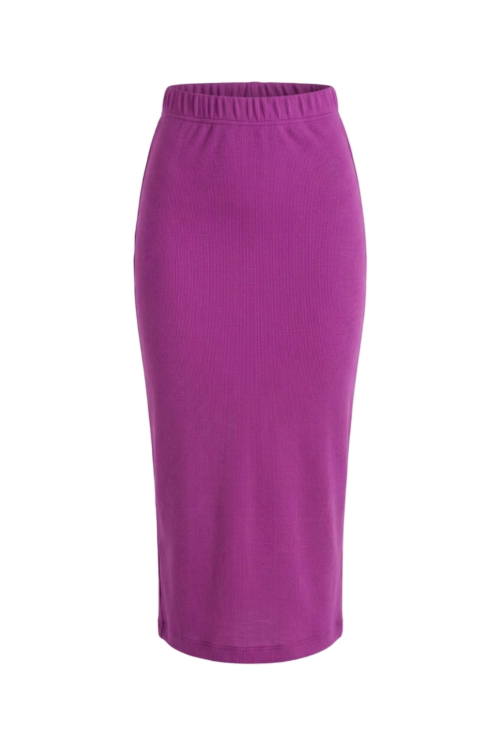 Plum Organic Cotton Pencil Midi Skirt in a rich plum color, showcasing its fitted silhouette and comfortable design.