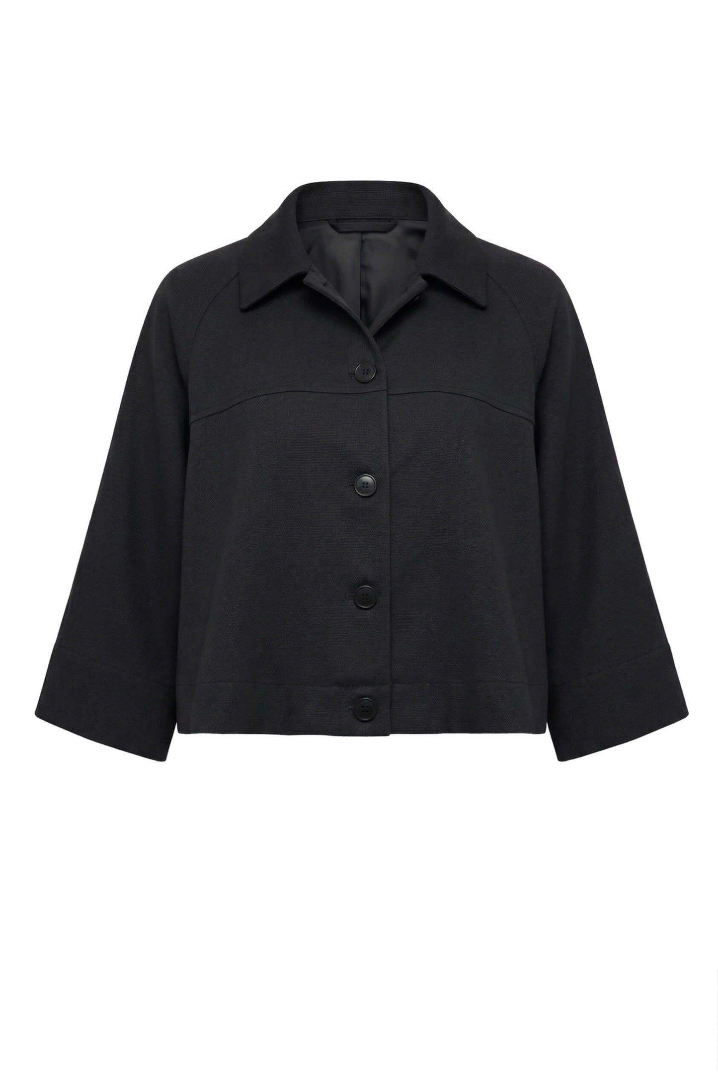Black Lyocell Flared Jacket featuring a structured design and elegant flared silhouette in a sleek black fabric.