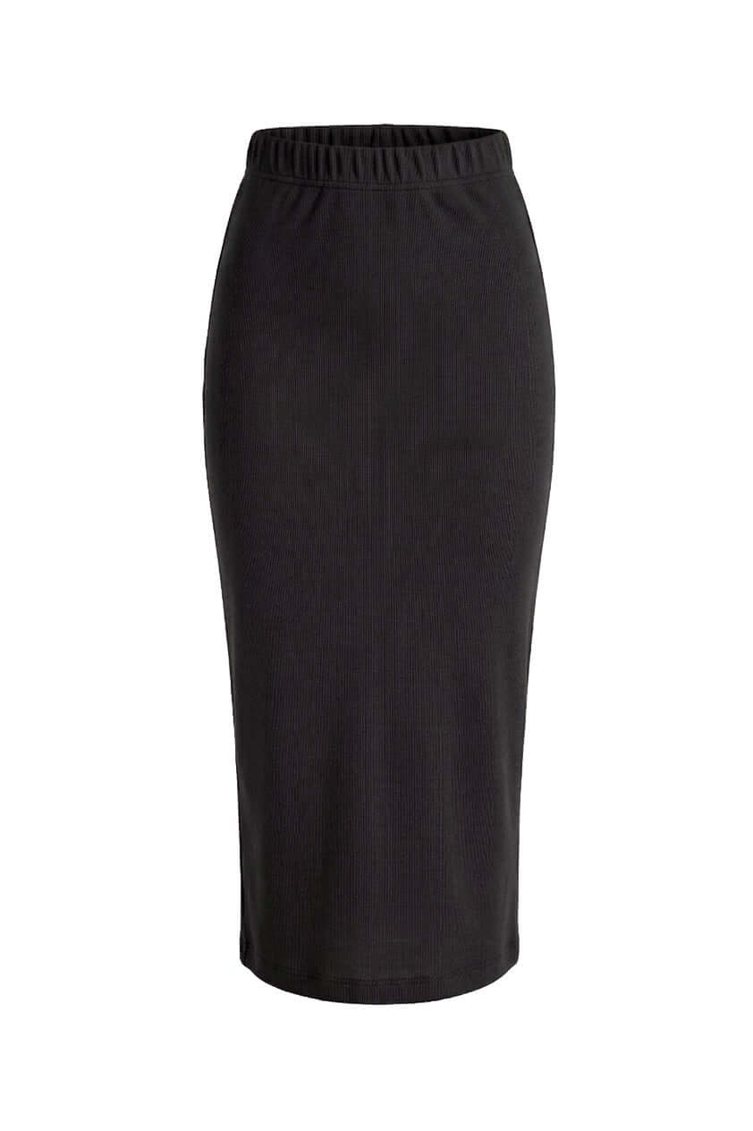 Black Organic Cotton Pencil Midi Skirt displayed on a white background, showcasing its sleek, fitted design.