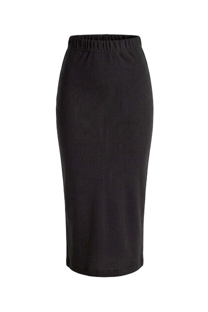 Black Organic Cotton Pencil Midi Skirt displayed on a white background, showcasing its sleek, fitted design.