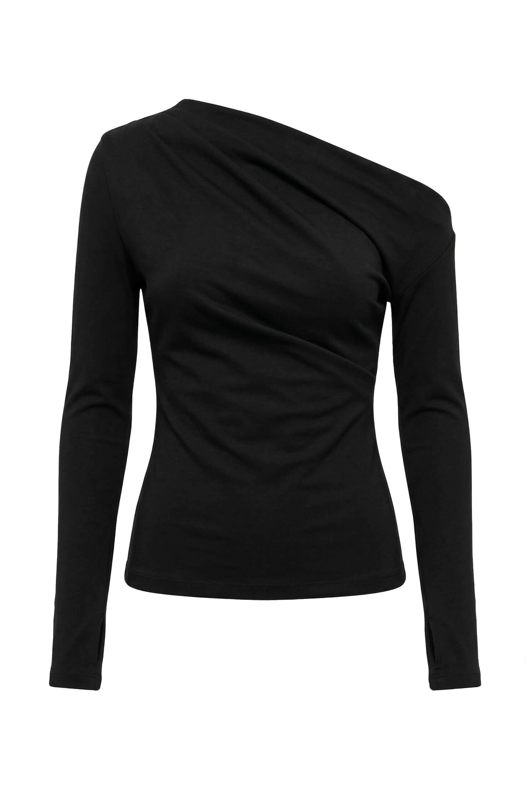Black Wool Drape Top with Thumb Holes featuring a unique draped neckline and long sleeves.