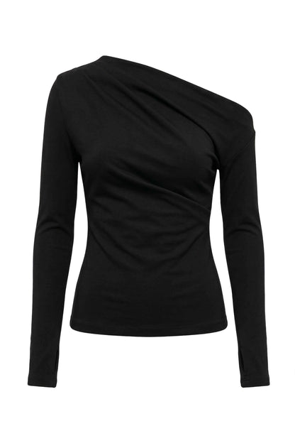Black Wool Drape Top with Thumb Holes featuring a unique draped neckline and long sleeves.
