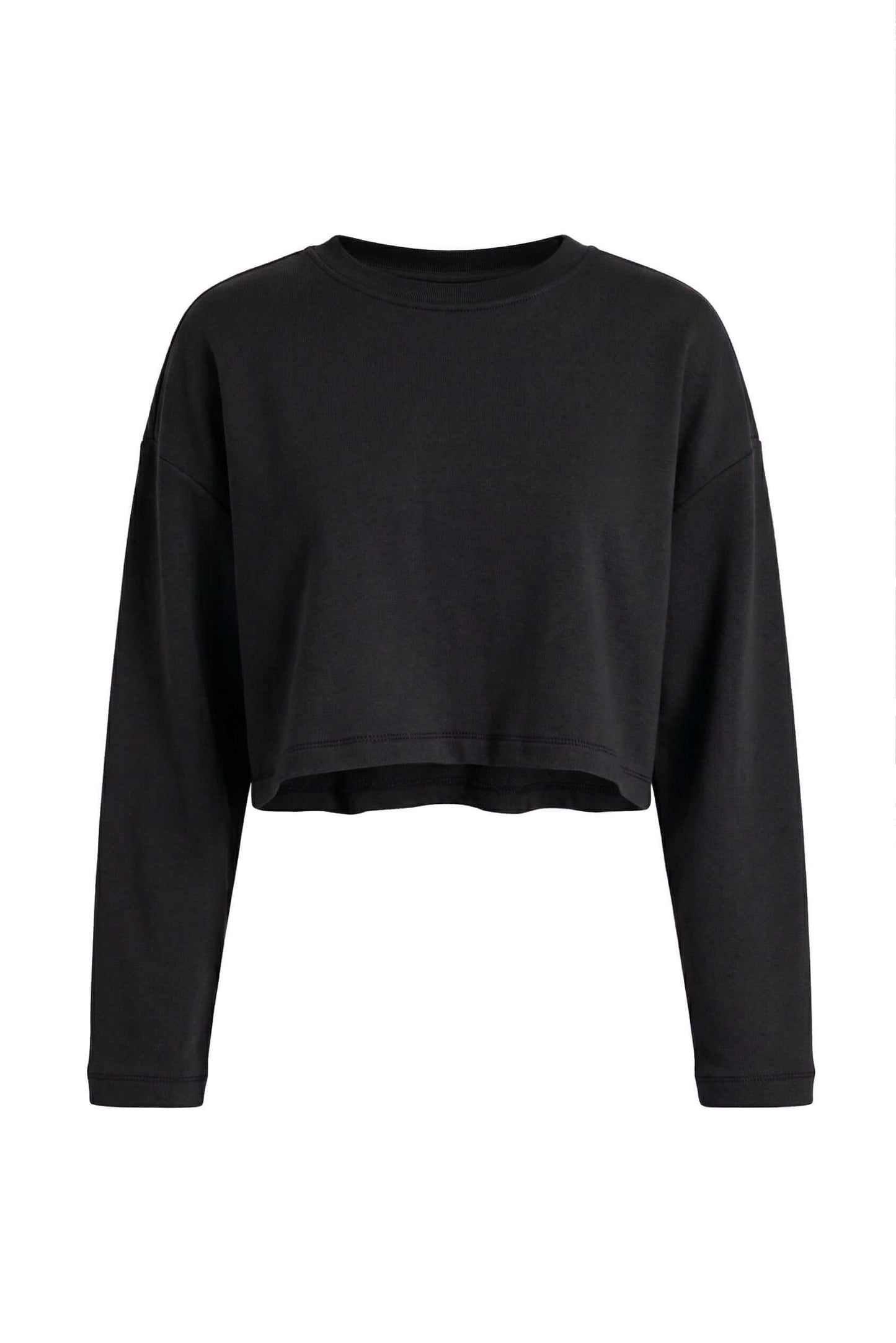 Black Organic Cotton Oversized Crop Top featuring a relaxed fit and long sleeves, perfect for effortless everyday wear.