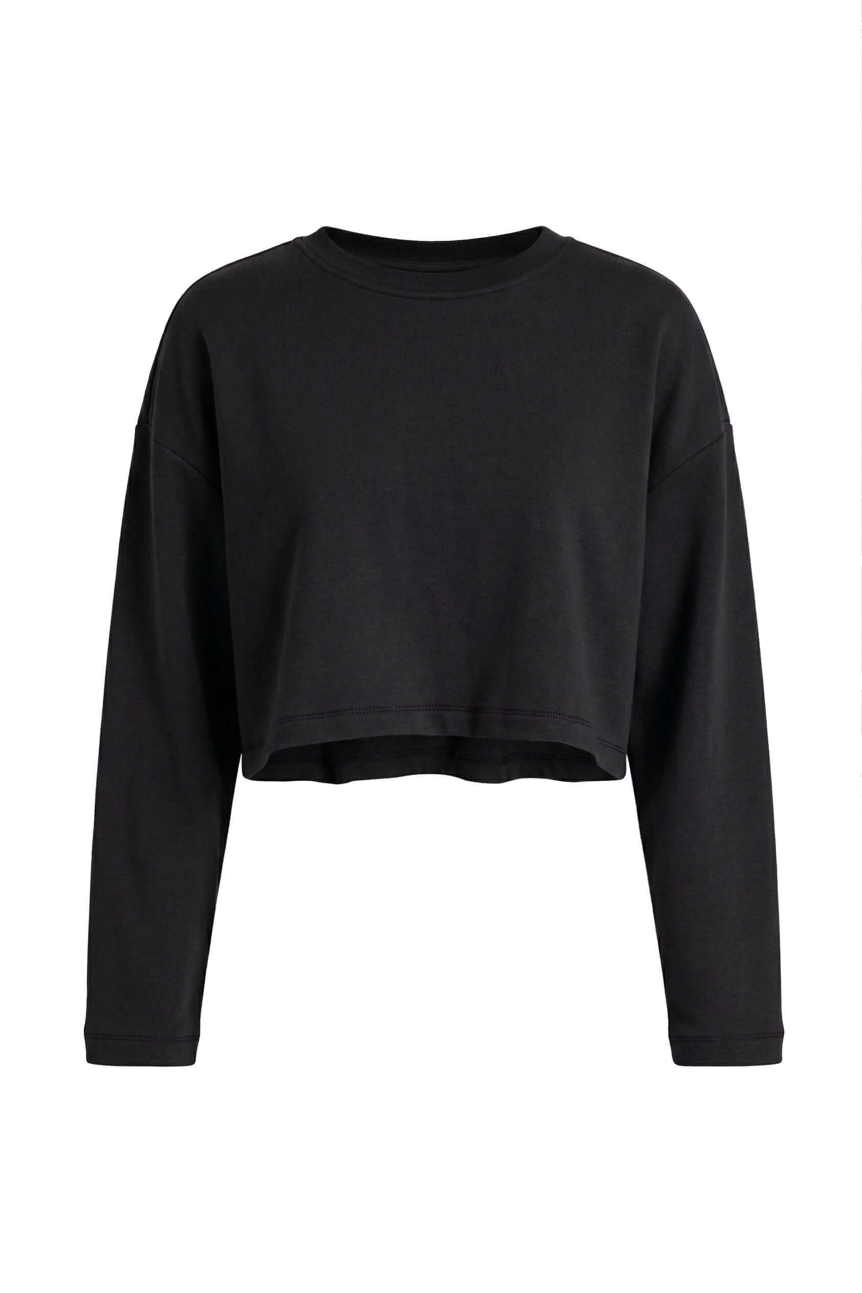 Black Organic Cotton Oversized Crop Top featuring a relaxed fit and long sleeves, perfect for effortless everyday wear.