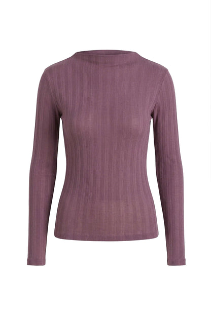 Cocoa Lyocell Ribbed Long Sleeve Top in a rich cocoa brown shade with a fine ribbed jersey and close-to-body fit.