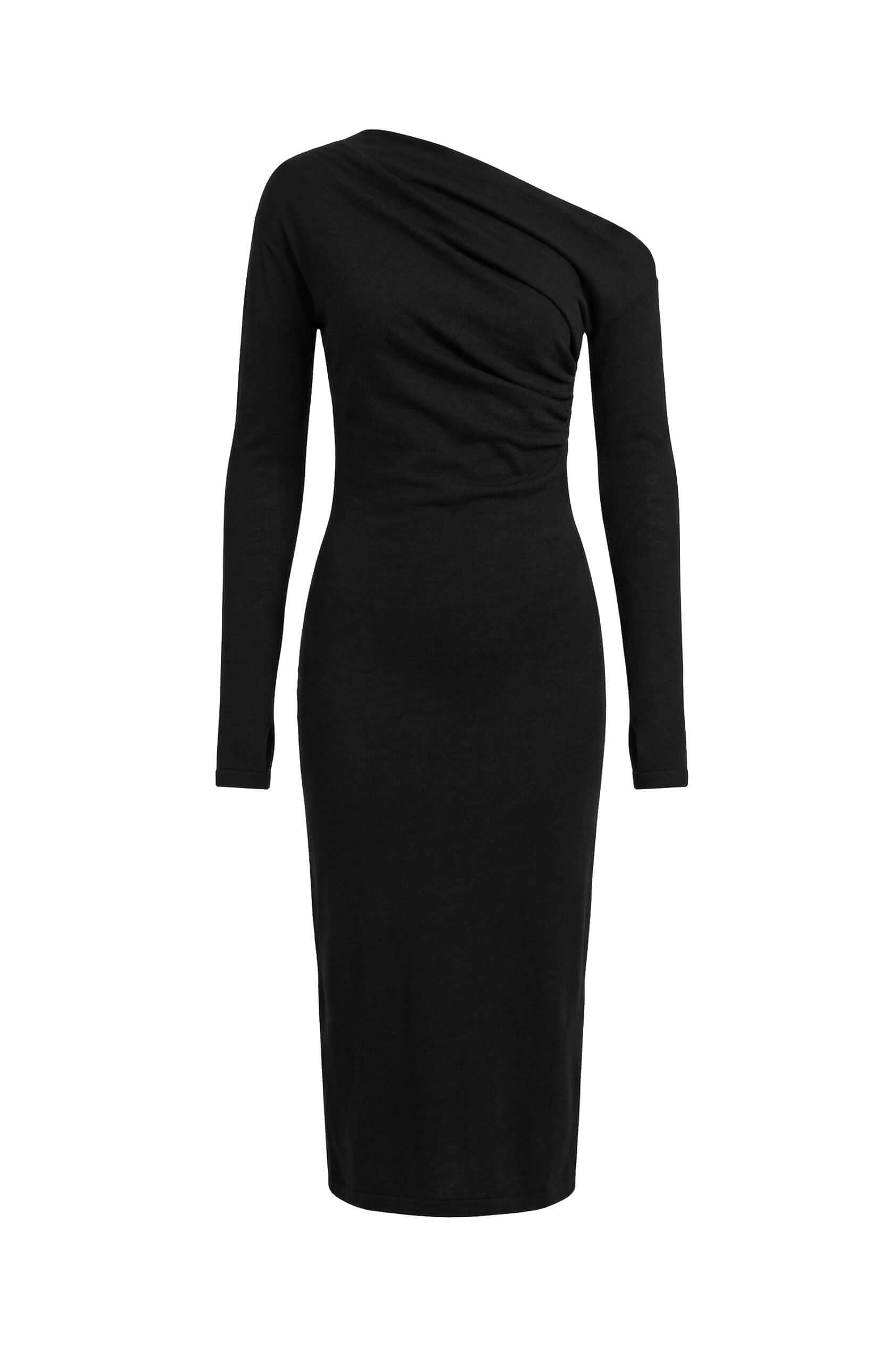Black Wool Drape Midi Dress featuring an elegant draped neckline and a feminine silhouette in soft wool blend fabric.