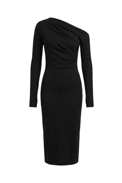 Black Wool Drape Midi Dress featuring an elegant draped neckline and a feminine silhouette in soft wool blend fabric.