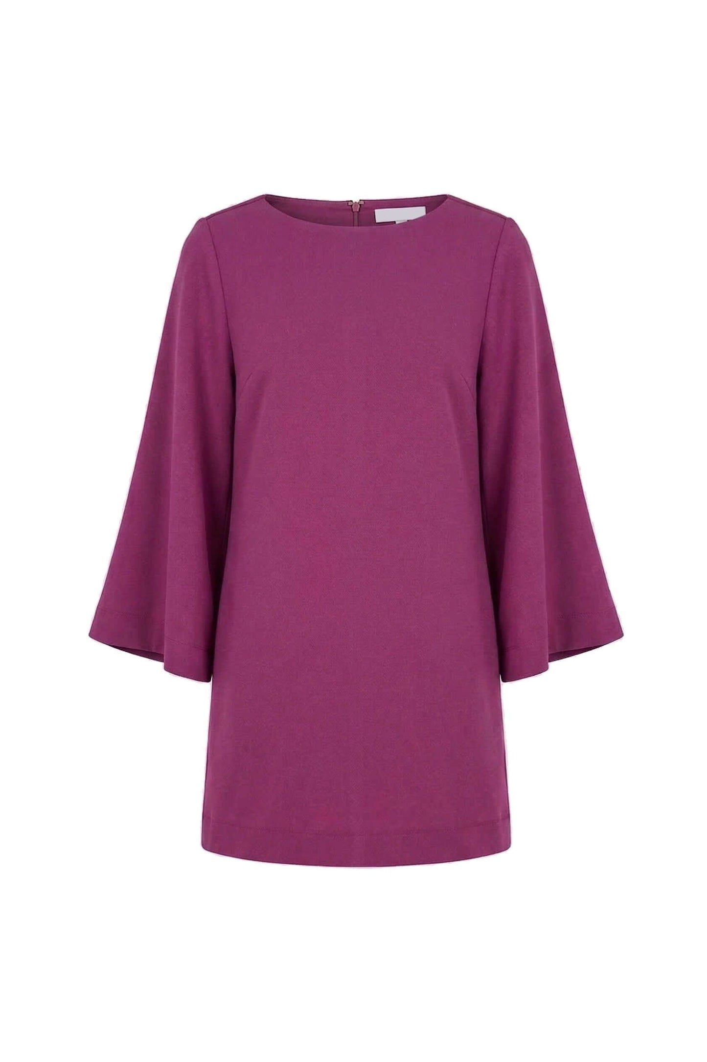 Plum Organic Cotton Mini Dress with Flared Sleeves featuring a minimalist design and stylish flared sleeves in a vibrant plum color.