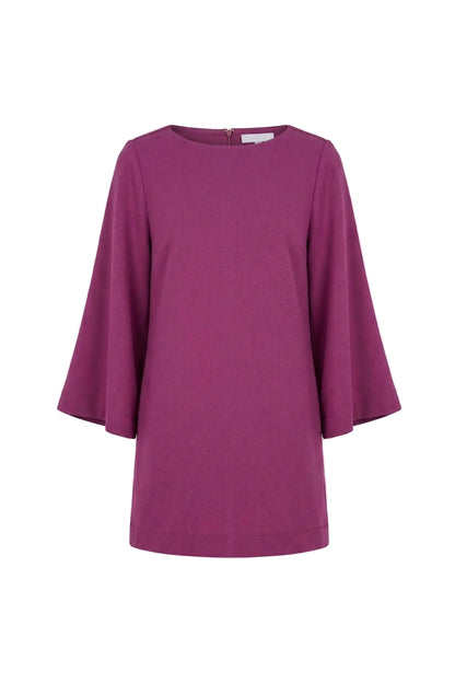 Plum Organic Cotton Mini Dress with Flared Sleeves featuring a minimalist design and stylish flared sleeves in a vibrant plum color.