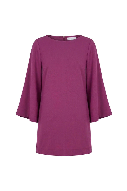 Plum Organic Cotton Mini Dress with Flared Sleeves featuring a minimalist design and stylish flared sleeves in a vibrant plum color.