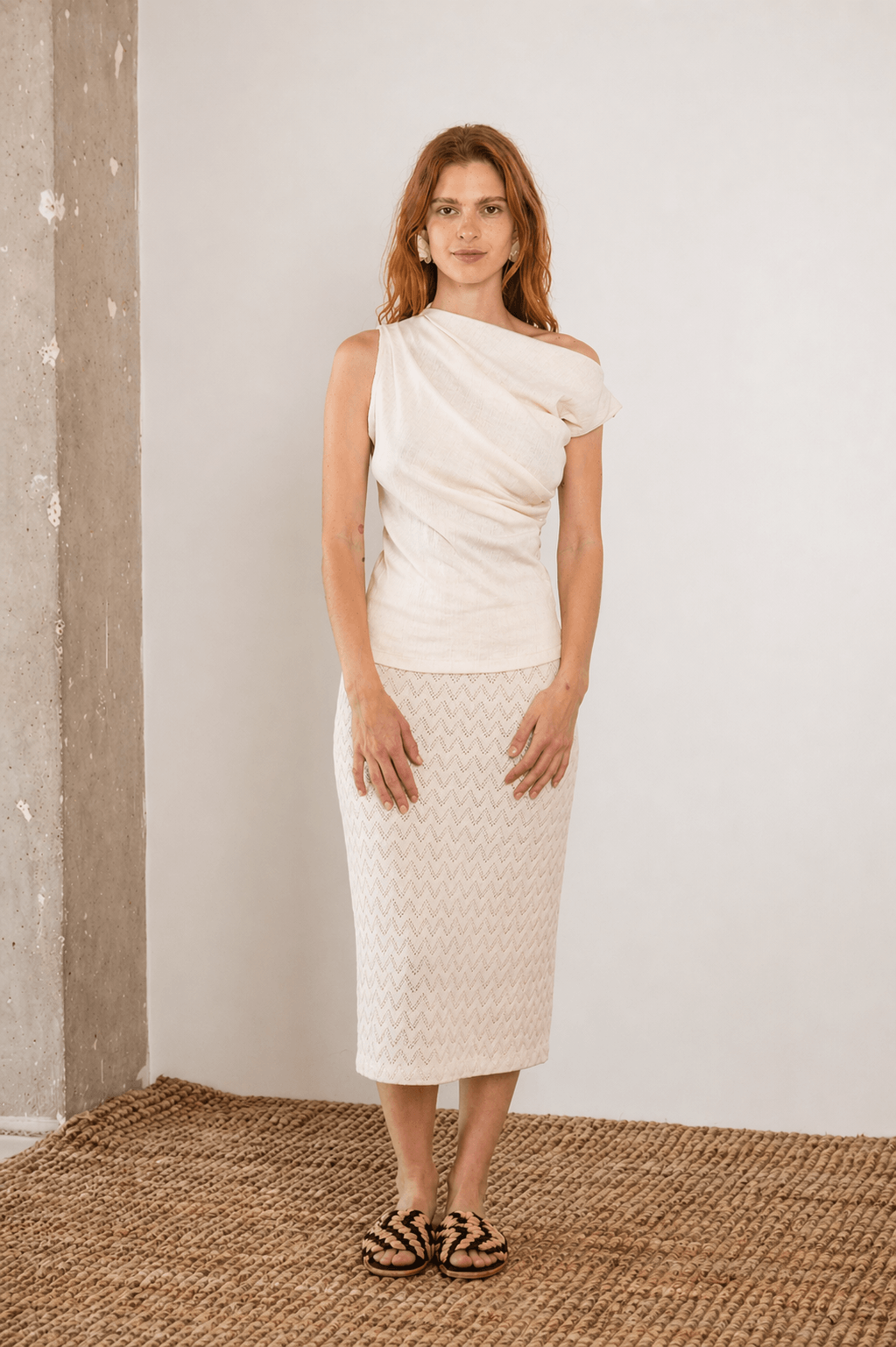 Banana Pineapple Drape Neckline Top in Ecru worn by model, showcasing draped style and soft fabric.
