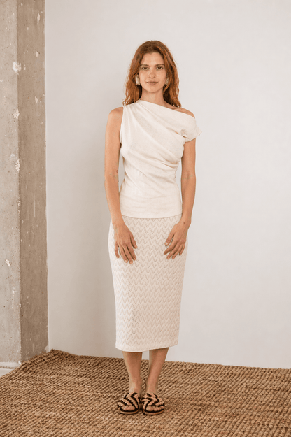 Banana Pineapple Drape Neckline Top in Ecru worn by model, showcasing draped style and soft fabric.