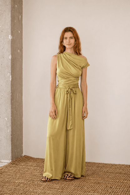 Wide Ecovero Trousers in Soft Olive showcased on a model, featuring a relaxed silhouette and detachable belt.