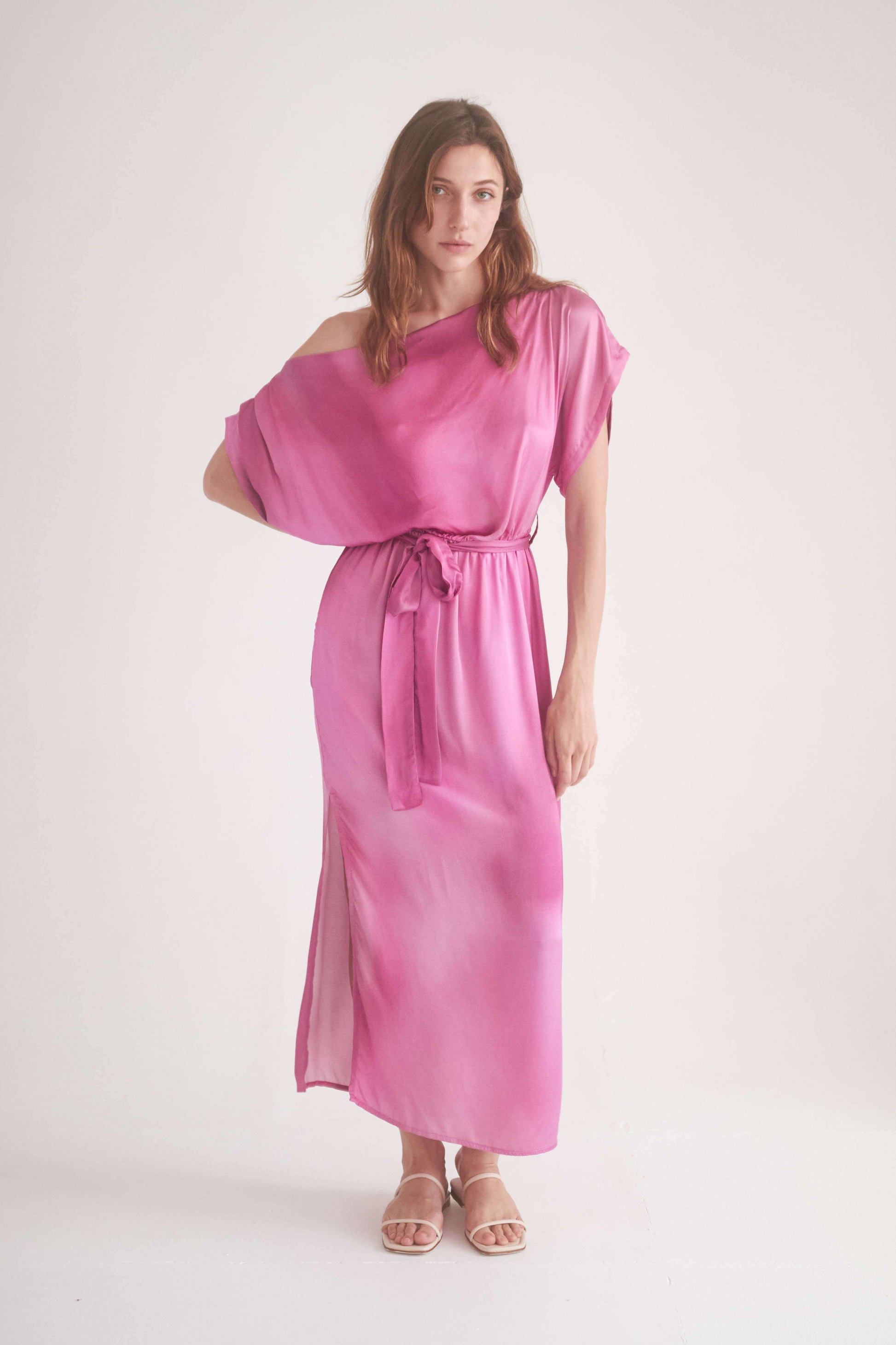 Off-shoulder pink midi dress with a belt, featuring side splits, crafted from 100% Ecovero viscose.