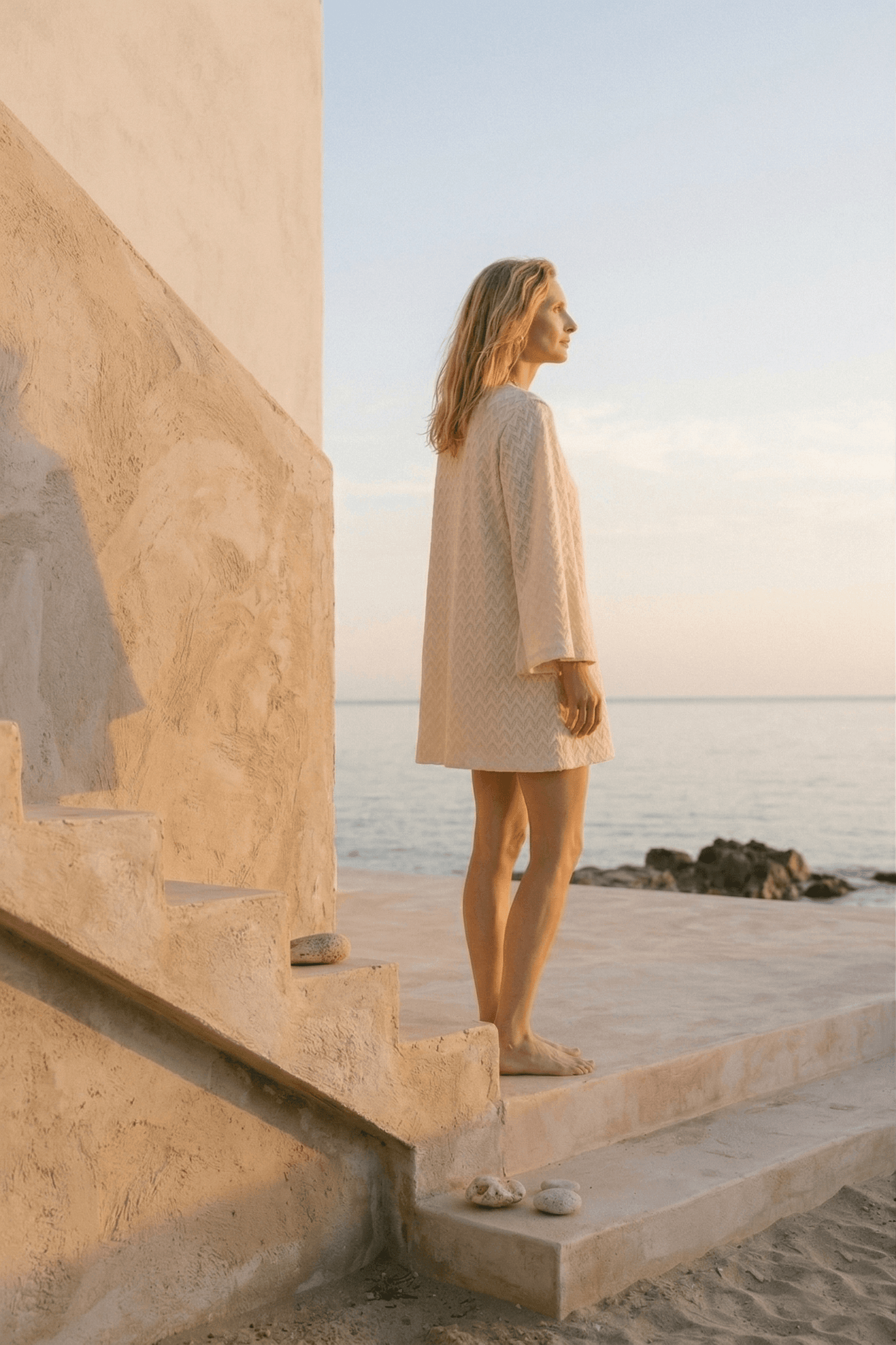Model wearing Organic Cotton Crochet Mini Dress while standing by the sea at sunset, showcasing its light and elegant design.
