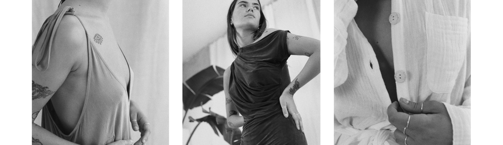 Black and white images of a woman wearing elegant, minimalist fashion, showcasing different outfits