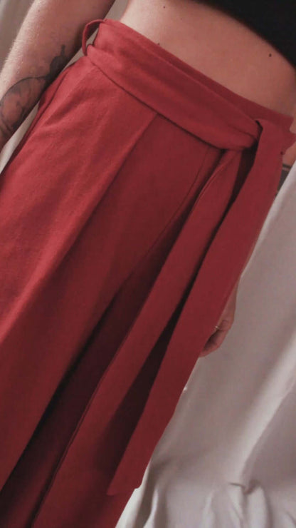 Rust Organic Cotton Wide Trousers showcasing the detachable belt and voluminous silhouette.
