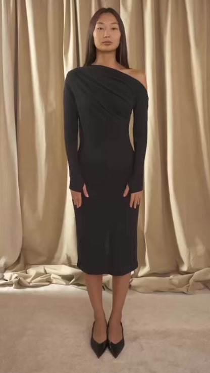 Black Wool Drape Midi Dress