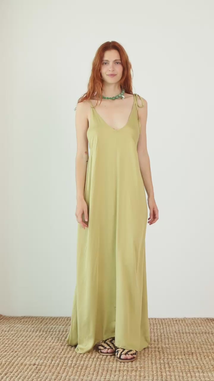Ecovero Maxi Dress in Soft Olive worn by model, showcasing its fluid design and effortless style.