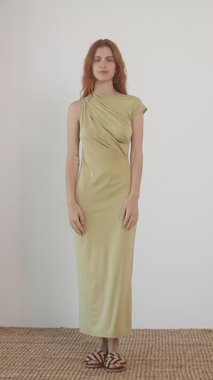 Drape Cupro Midi Dress in Olive displayed on a model, featuring a draped neckline and smooth jersey fabric.